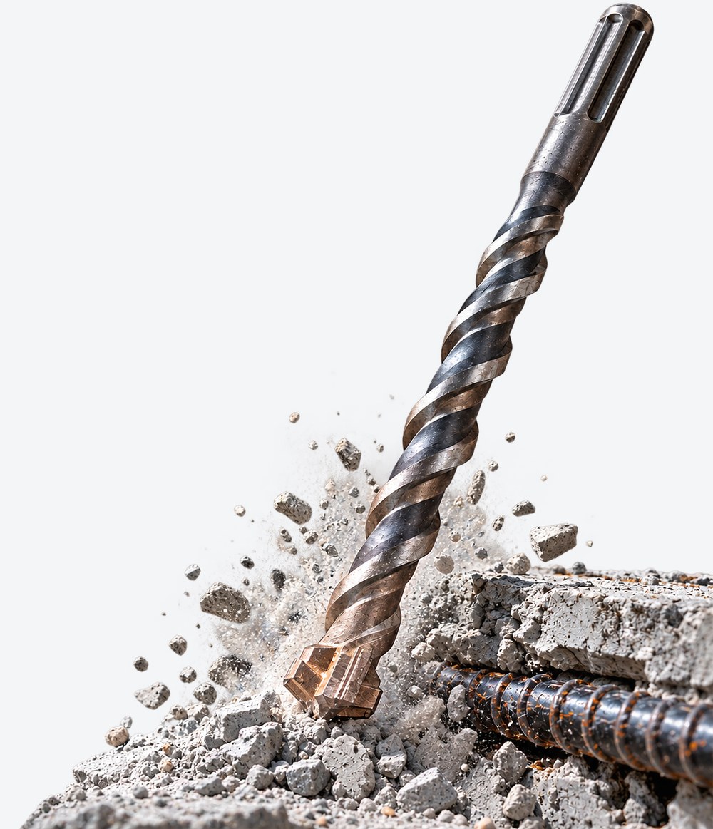 SDS Plus drill bit with a 4-cut carbide tip drilling into reinforced concrete beside rebar